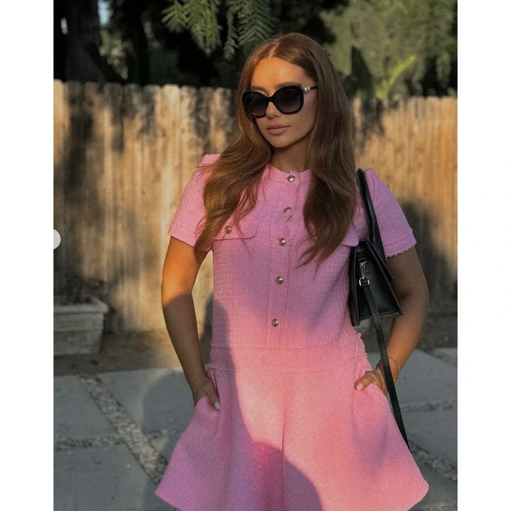 Zara Tweed Mini Dress Womens Small Pink Short Sleeve Blogger Fave Preppy *Flaw - Picture 14 of 15